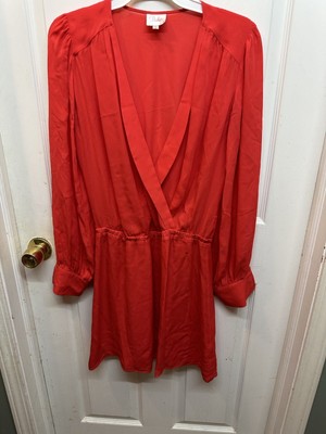 PARKER Coral Faux Wrap Mini Dress Long Sleeves 100% Silk Blouson Top Orange Nice