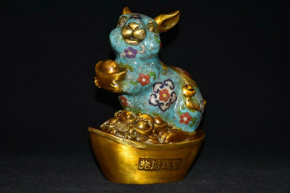 8,4-дюймовая китайская медная статуя кролика клуазоне старая латунная скульптура животного - Изображение 4 из 4