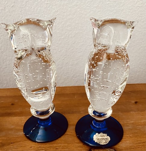 Murano Owl Silvestri Italy Cobalt Blue Bubble Glass Bullicante Figurine Set Of 2 - Picture 5 of 19