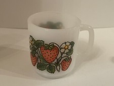 Vintage Glasbake USA Strawberry Daisy Graphic Coffee Mug Milk Glass Retro MCM