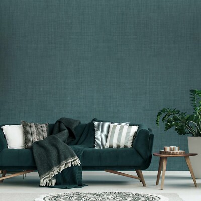Plain dark emerald green woven faux fabric grass sack cloth textured wallpaper