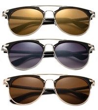 3 Pack Two Tone Round Pilot Metal Frame Dual Bridge Fashion Sunglasses Unisex