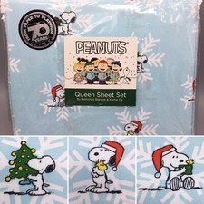 4pc Berkshire Peanuts Christmas Snoopy Snowflakes QUEEN Sheet Set Santa Hat Blue