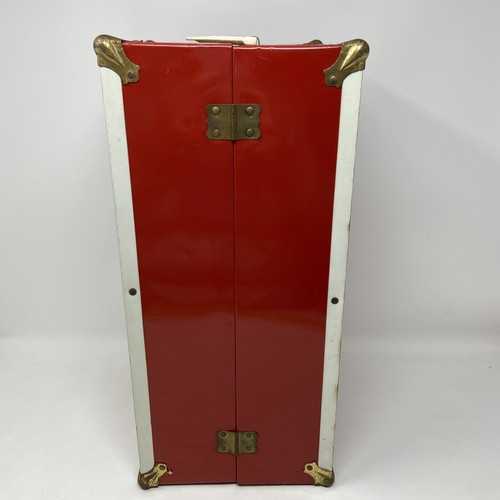 Vintage Doll Clothes Trunk Case Red Metal With Drawer PINK Gold Stars Interior - Picture 6 of 12