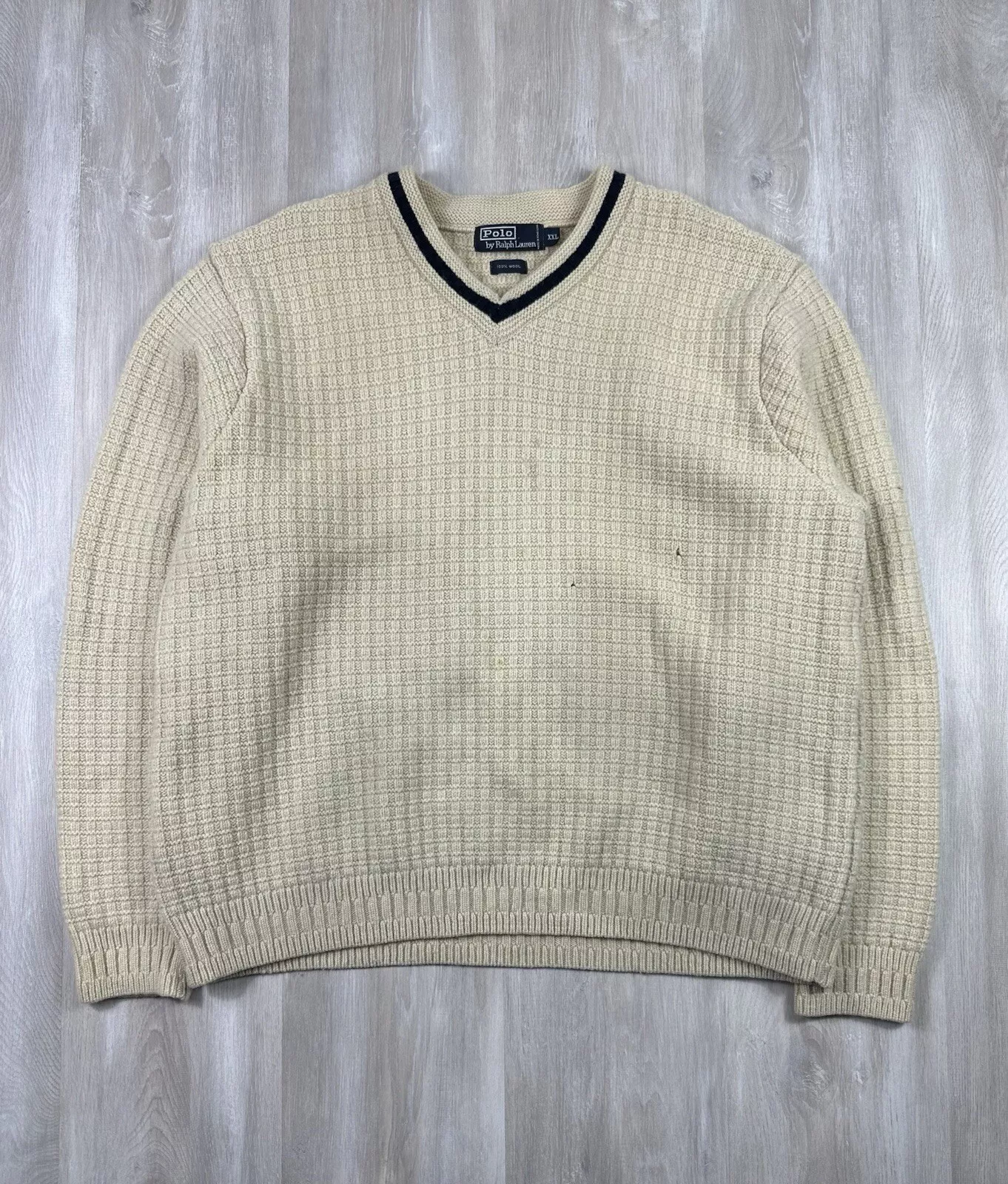 Pull vintage Polo Ralph Lauren homme 2XL beige col rond 100% laine