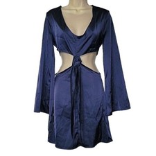 Forever 21 Navy Blue Satin Cutout Tie Front Bell Sleeve Mini Dress Size Small