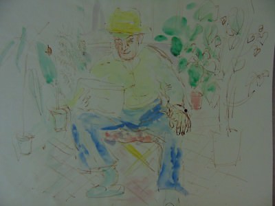 Marie Pospisilova: ''Mann im Garten'' Sepia, aquarelliert