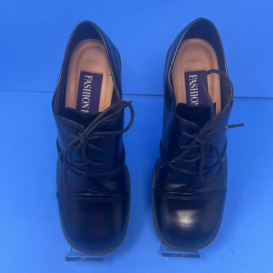 Fashion Bug Women Shoes Size 7 Black Chunky Faux Leather Heel Platform Loafers.. - Image 4 of 4