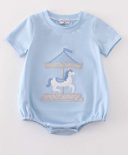 Jungen Boutique blau Karussell Applikation Junge Blase Strampler Geschwister passend Sommer - Bild 7 von 10