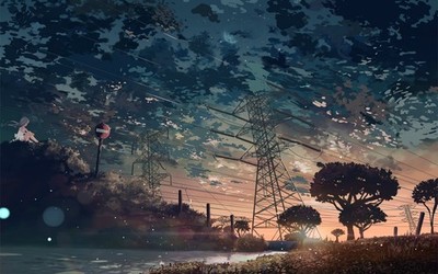 Anime landscape power lines signs clouds sunlight nature Custom Gaming Mat Desk