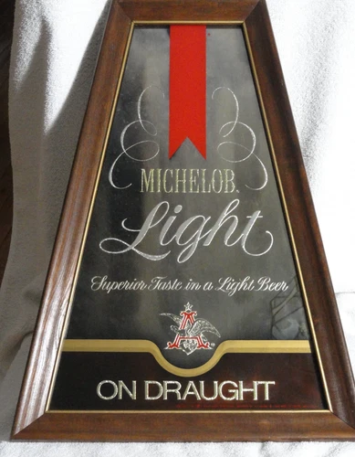 Vintage Michelob Light Beer Mirrored Bar Sign With Wood Frame
