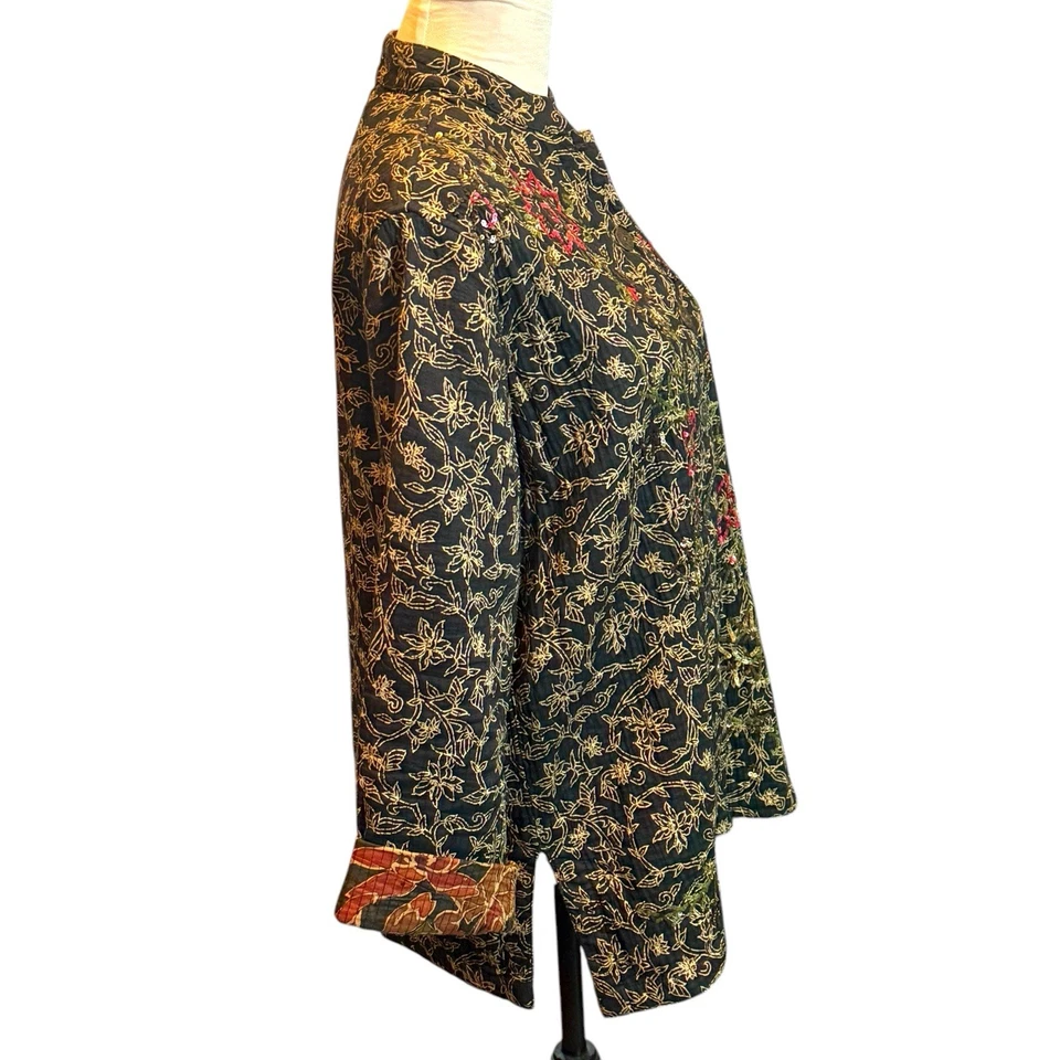 CHICO’S 绗缝夹克黑色花卉金色红色亮片装饰尺寸 1 S/M 亚洲 — 第 3/4 张图片