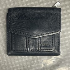 Vintage Fossil Black Leather Tri Fold Wallet w/ Zippered Coin Compartment