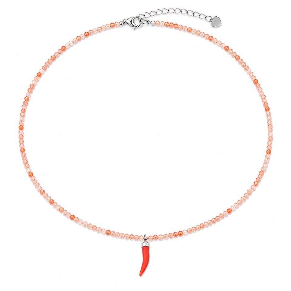 Collier avec cristaux de pierre de soleil corne en corail et fermeture en acier - Photo 1/1