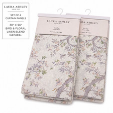 Laura Ashley Set of 4 Bird Floral Curtains 38"x96" Linen Blend New Natural
