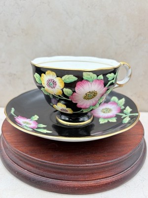 Vintage 1940s Black Adderley Cup and Saucer Hand Painted Fine Bone China England