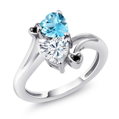 925 Sterling Silver Swiss Blue Topaz White Moissanite and Black Diamond Ring