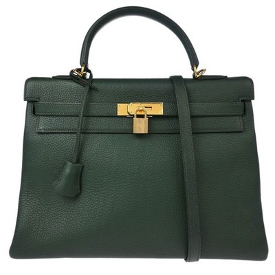 Hermes Vert Fonce Taurillon Clemence Kelly 35 Retourne 2way Handbag □G  195687