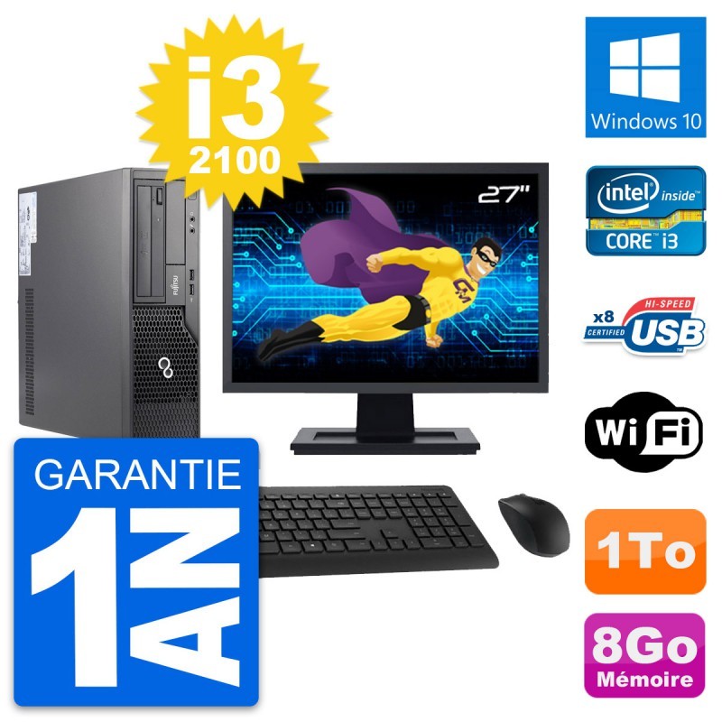 PC Fujitsu E500 DT Ecran 27" Intel i3-2100 RAM 8Go Disque 1To Windows 10 Wifi