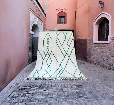 Handmade Geometric Moroccan Beni Ourain Berber Wool Color Green White Area Rug
