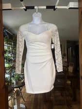 NWT Guess Elegant White Lace-Sleeve Ruched Waist Sheath Dress Womens Size 10
