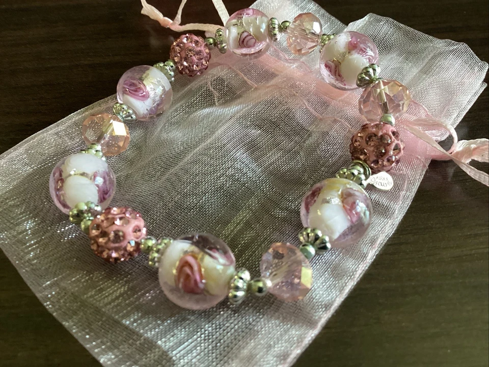 Kirks Folly Pink Crystals & Rose Beads Stretch Bracelet Stunning - Image 4 of 4