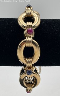 Womens 14K Yellow Gold Sapphire And Ruby Oval Link Bracelet 34.92 Grams