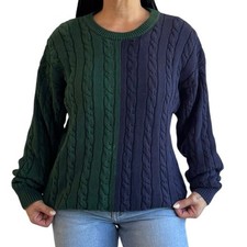 Vintage John Ashford 90s Colorblock Cable Knit Sweater Green Navy Cotton L