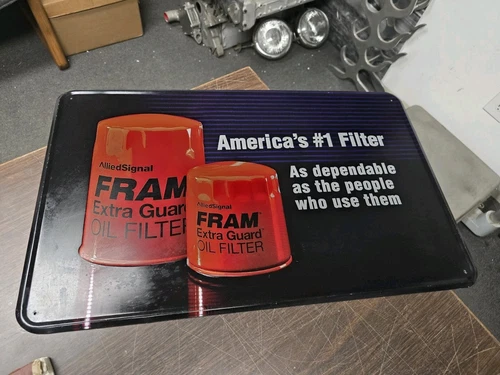 Vintage 1960’s FRAM OIL FILTERS Metal/Tin Sign  26” x 16”