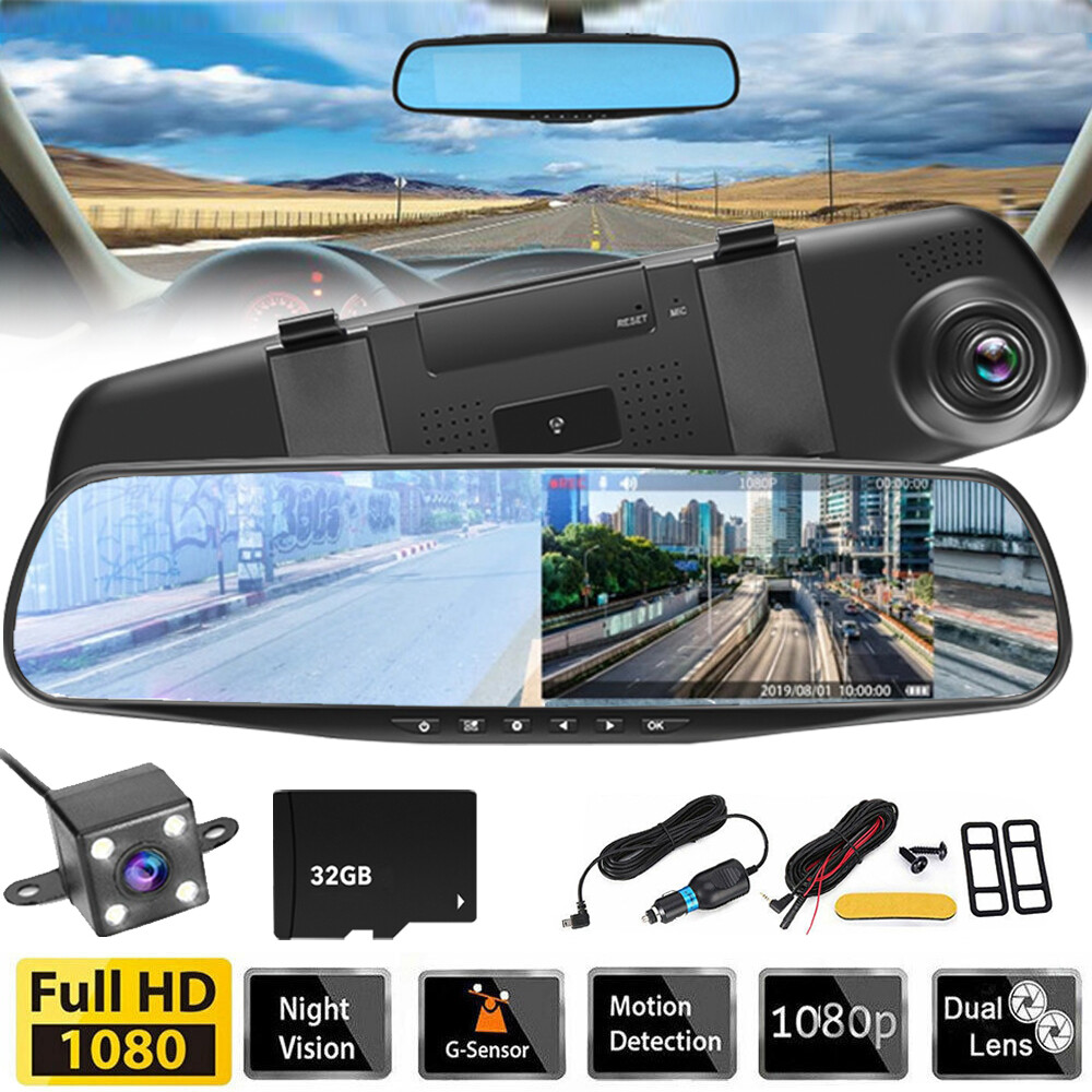 1080P HD Dual Dash Cam with G-Sensor and 32GB Rear View Mirror Recorder