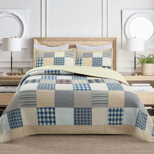 Cozy Line Tattersall Blue Tan Tartan Plaid Patchwork Quilt Bedding Set (3 piece) - Afbeelding 1 van 7