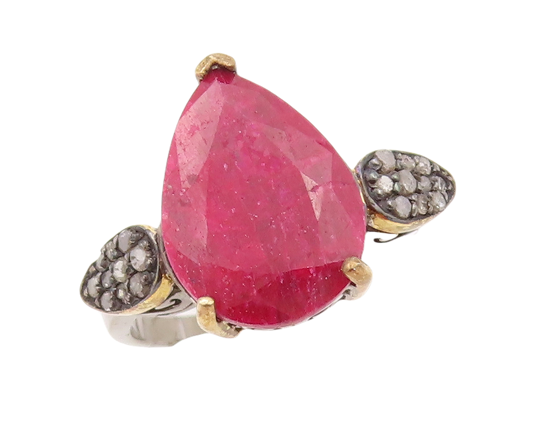 925 Sterling Silver Vintage Ring Diamonds & Drop Cut Red Gemstone Sz 7 RG30299