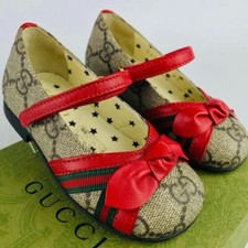 Gucci Baby Shoes Ballet Flats Leather GG Ribbon Ankle Strap Size 21 W/Box Japan