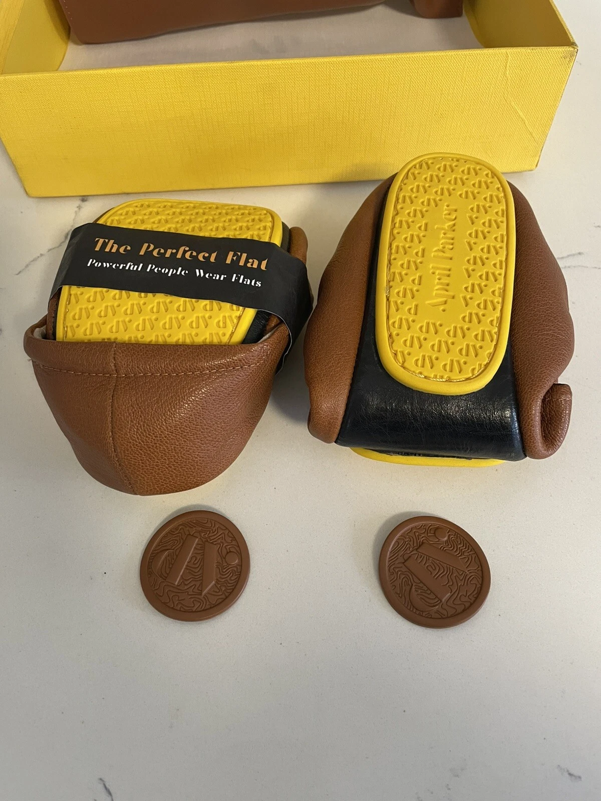 April Parker-Perfect Flat Ballet Shoes 9- Tan Leather Foldable Sole & Travel Bag