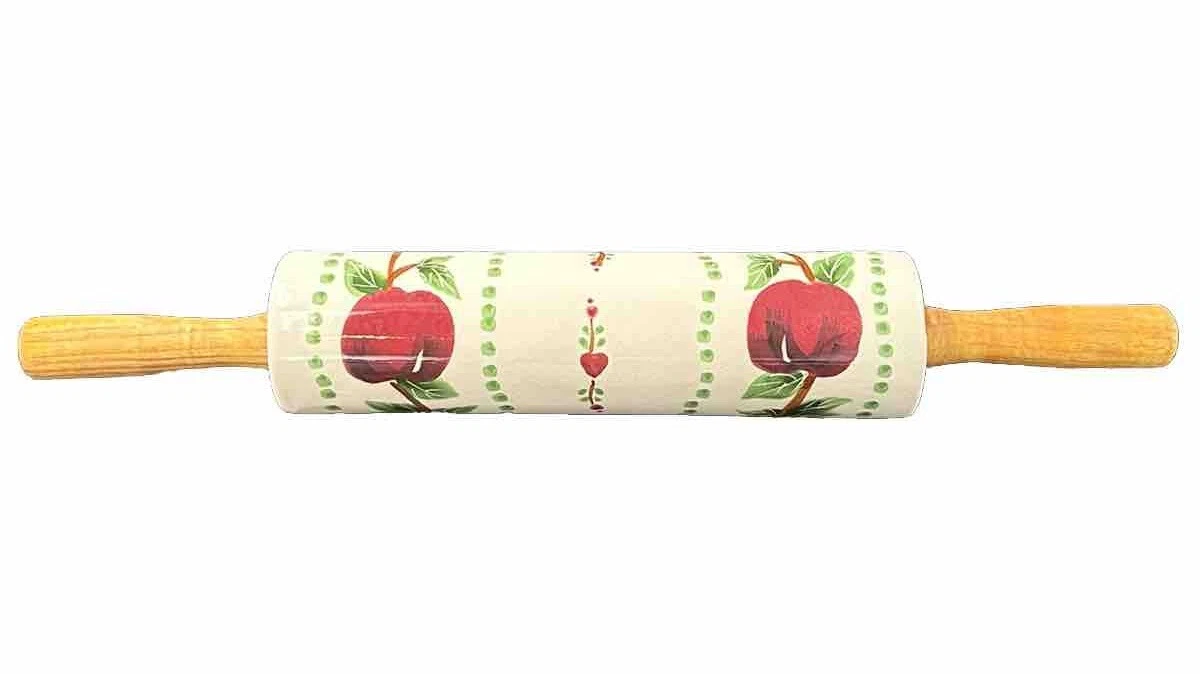 Decorative Apple Design Ceramic Country Kitchen Rolling Pin with Wooden Handles