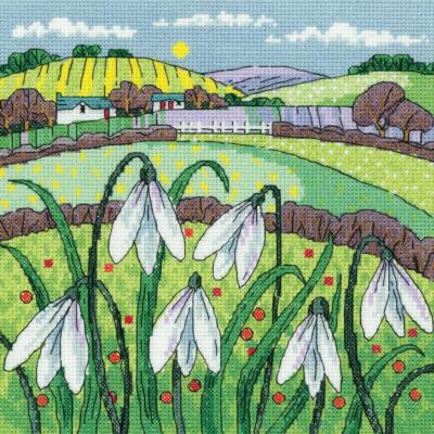 Heritage Crafts Kreuzstich-Set „Schneeglöckchen-Landschaft“ – Komplettset Mit Stoff, Garn, Nadel & Anleitung, Fertige Größe 20,5 X 20,5 Cm