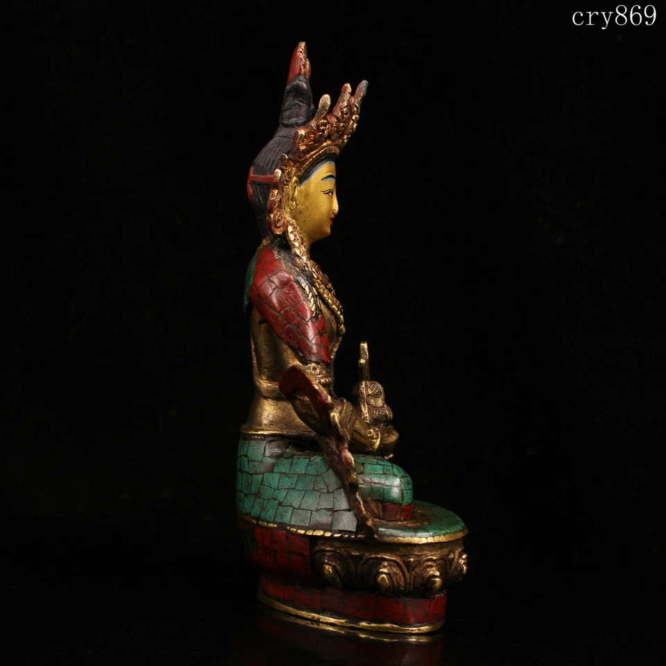 Raro Antiguo Templo Jokhang Tibetano Hecho a Mano con Incrustaciones con Gemas Estatua de Budismo Foto 4 de 4