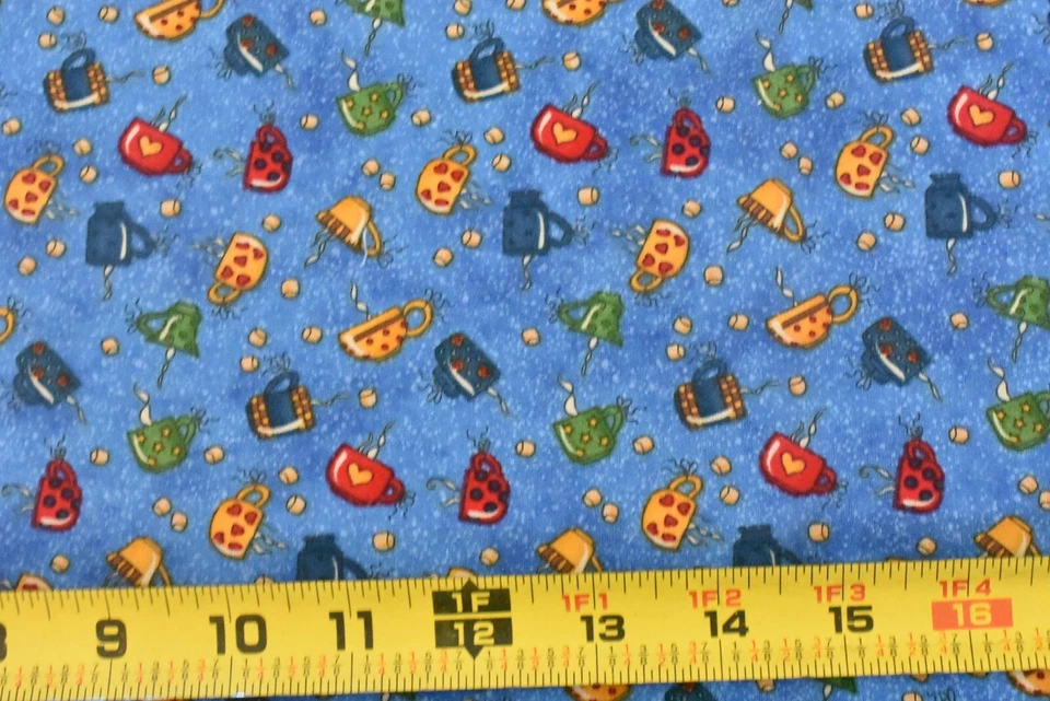 27" Long, Gold Blue Red Green Coffee Cups on Blue Cotton, Moda, Gardner, P8340 - Image 2 of 4