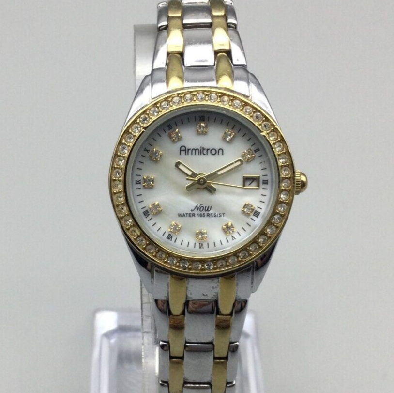 Armitron Watch Women 26mm Silver Gold Two Tone Date MOP Dial New
