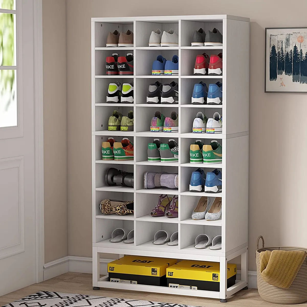 White Wood Shoe Cabinet Cubby Shoe Rack Storage Organizer for