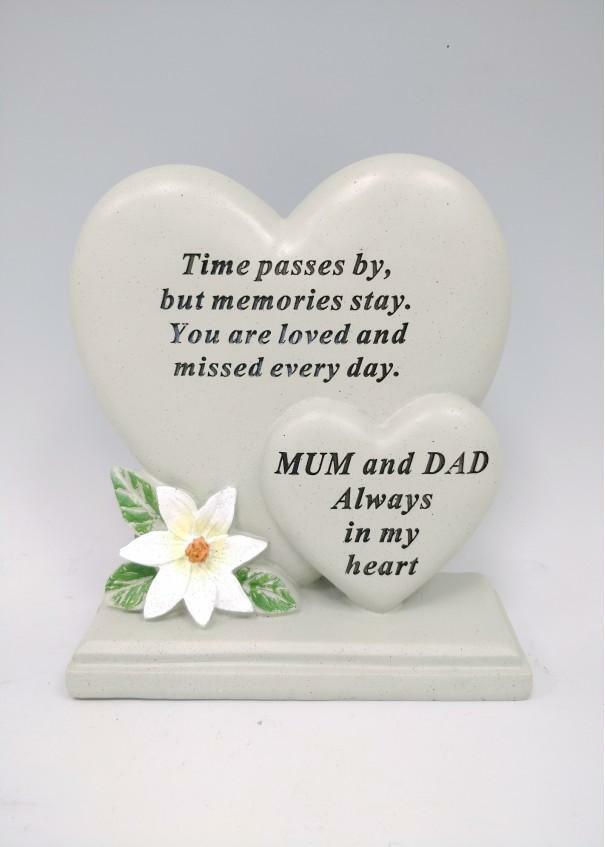 Mum & Dad Double Heart Memorial Flower Graveside Remembrance Plaque Grave