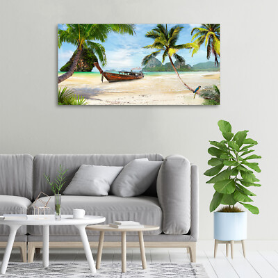 Tableau Sur Verre Trempé Tulup 100x50 Cm - Feuilles De Palmier - Déco Murale Moderne Grise