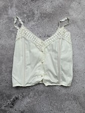 Womens Ivory Satin Cami Top Size S Lace Trim Pearl Button Lingerie Y2K Vintage
