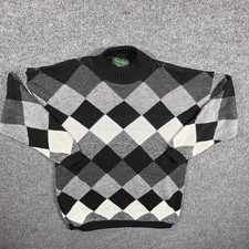 Dana Scott Sweater Mens Size Small Black Grey Argyle Mock Neck Acrylic USA Made