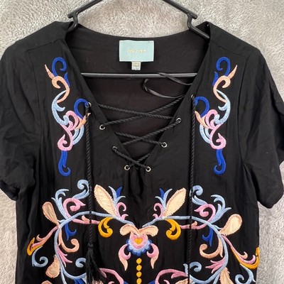 Bohemian Festival M Black Embroidered Lace Up Hippie Peasant Folk Summer Dress