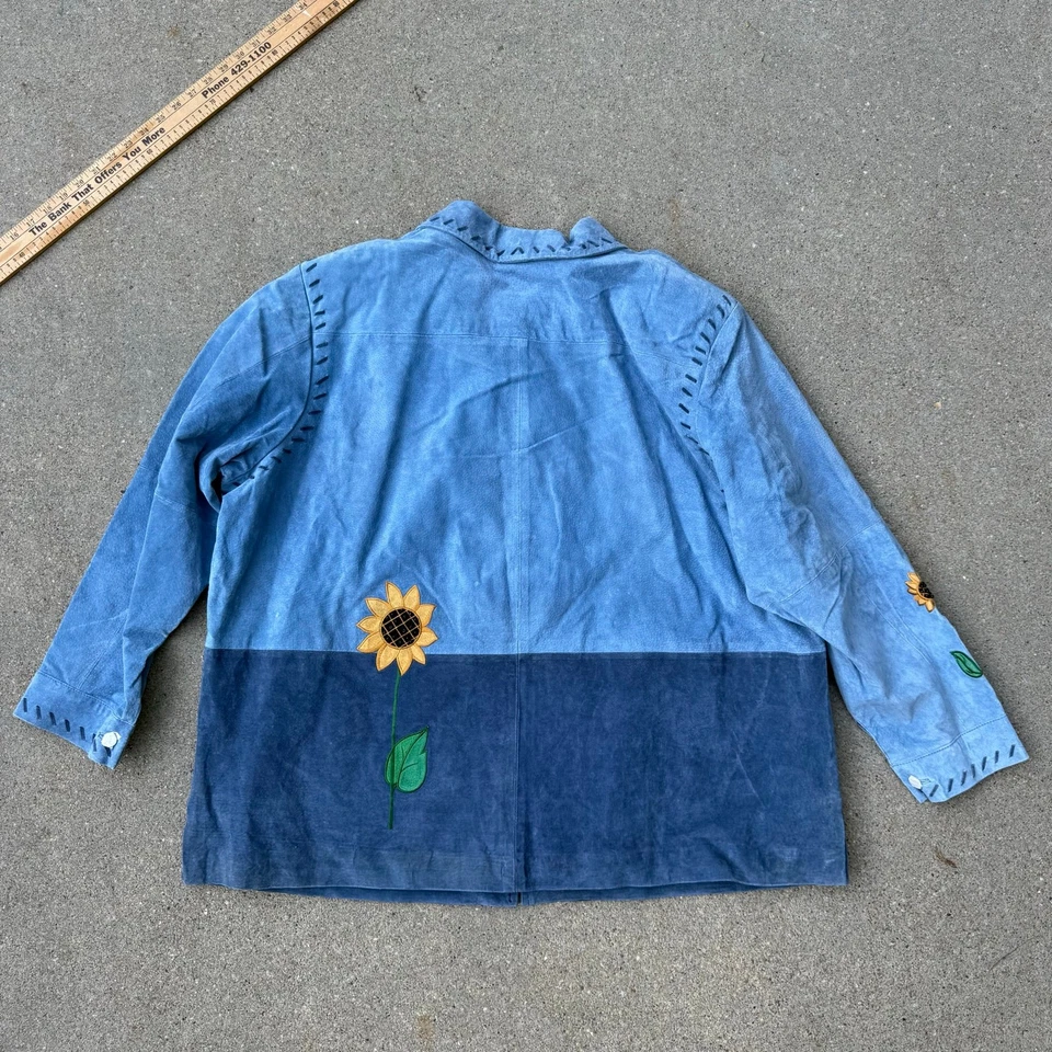 Y2K Quacker Factory Blue Suede Fall Sunflowers Genuine Leather Jacket 3X NWT - Image 2 of 4
