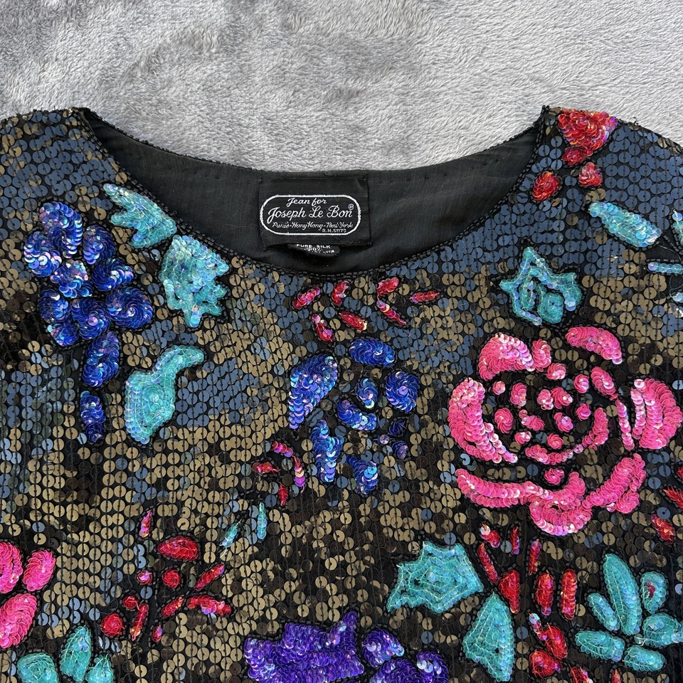 Suéter Vintage Joseph Le Bon Mujer XL Negro Seda Lentejuelas Floral Cuentas Años 80 Top Foto 2 de 4