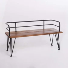 Lastoro Outdoor Industrial Rustic Iron and Acacia Wood Bench, Teak Finish with R