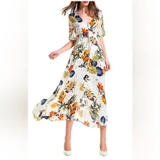 Boho Floral Button Front Maxi Long Dress Size L Cottagecore Smocked Waist Vacay