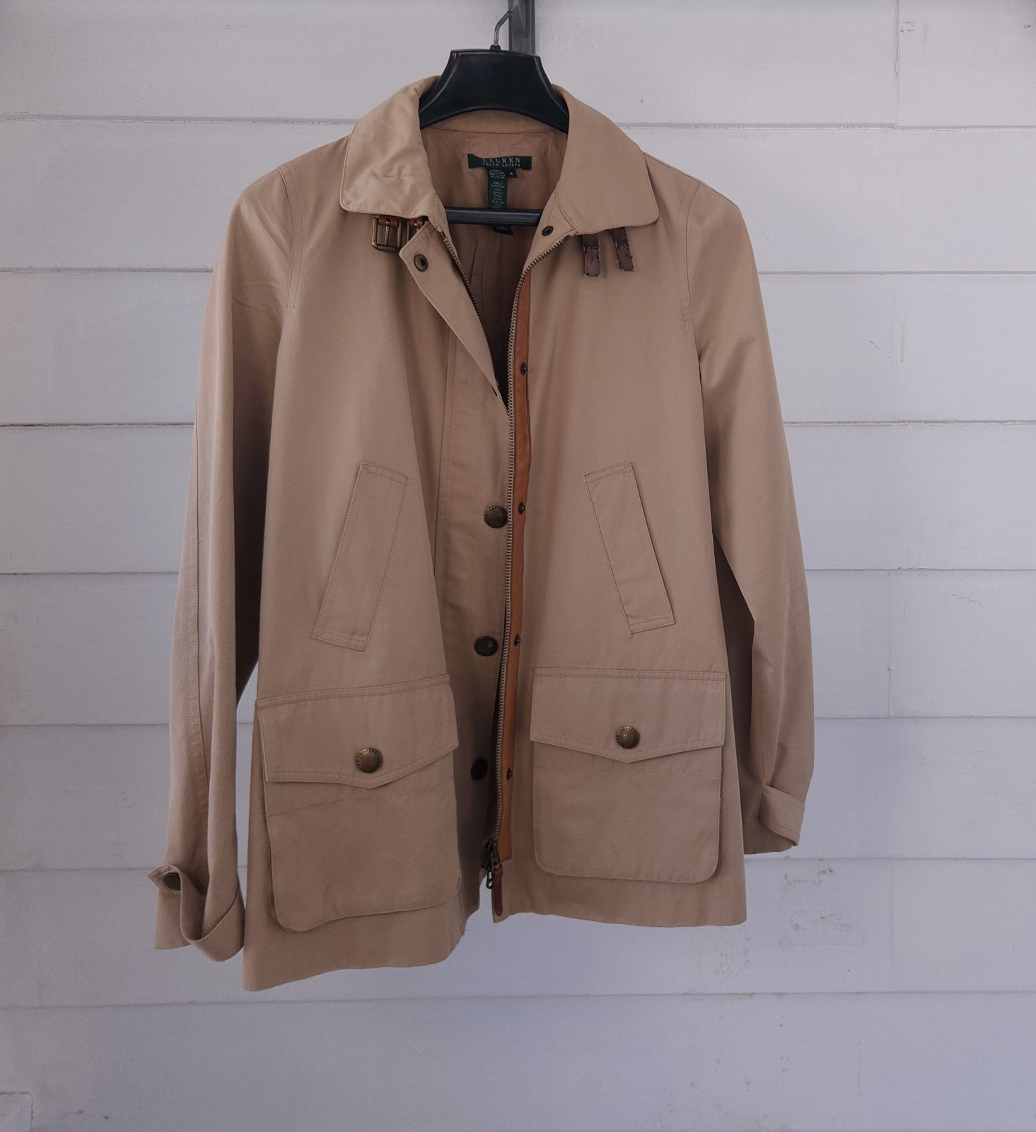  Lauren Ralph Lauren Khaki Utility Field Jacket Lambskin Leather Trim Women's M